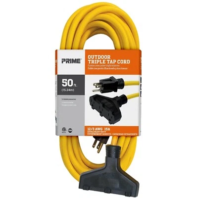 Prime 50ft Extension Cord 12 AWG Gauge 12/3 SJTW 3-Outlet Triple Tap Outdoor - Image 1 of 3