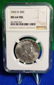 1963-D United States, “Franklin” Half ½ Dollar, NGC MS64 FBL Full Bell Lines - Picture 1 of 9