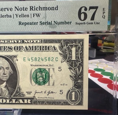 😁  2021  $1 FRN ~ Fancy Serial # ( RICHMOND) PMG 67 EPQ - QUAD REPEATER - - Image 1 of 4