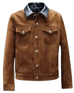 Chaqueta de cuero de gamuza real marrón premium para hombre Calce ajustado Chaqueta de camionero Prendas exteriores - Imagen 1 de 5