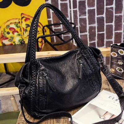 MARKENLOS Schwarz Leder Damentasche Shopper Bag Handtasche Schultertasche Tragetasche Groß