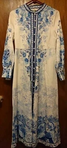 Women's Size L Floral Print Maxi Dress Long Sleeves Buttons Belt Blues White - Picture 1 of 10
