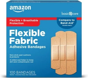 Amazon Basic Care Fabric Bandages 100ct – Flexible, Assorted Sizes, First Aid - Picture 1 of 6