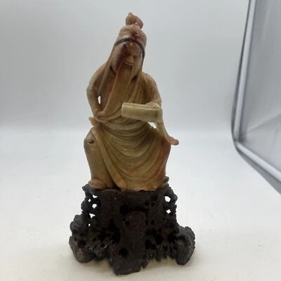 Rare 9.5” Tall Chinese Soapstone Sculpture Warrior God Guandi w/ Stand - Image 1 of 4