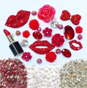 DIY 3D Red Lips Alloy Bling Glass Gems Flatback Decoden Cabochons deco kit - Picture 1 of 1