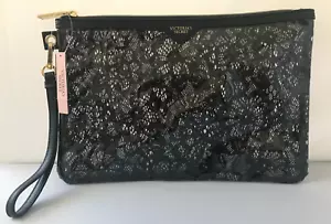 VICTORIA'S SECRET CLEAR BLACK FLORAL LACY WRISTLET COSMETIC BAG W/ ZIPPER New - Picture 1 of 4