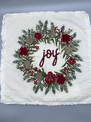 Pier 1 Christmas Pillow Cover Embroidered Joy Wreath Pine Cones Floral 18”x18” - Image 1 of 4