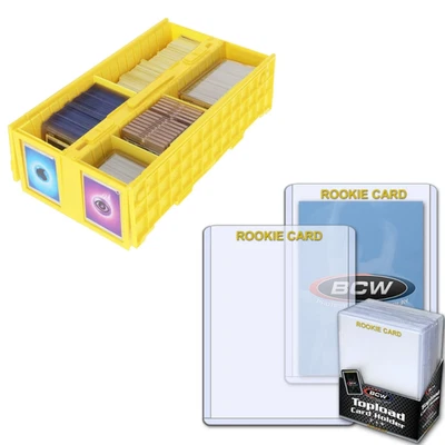BCW 1600 Yellow Card Bin + 200 Rookie Imprinted Gold 3x4 Toploaders - Image 1 of 4
