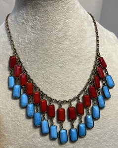 Vintage gegossene Glasquadrate rot & blau baumelt roséfarbene Kette 20" wunderschön!! - Bild 1 von 5