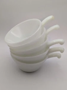 5 Vintage Anchor Hocking Fire King White Milk Glass Soup Chili Bowls with Handle - Picture 1 of 8
