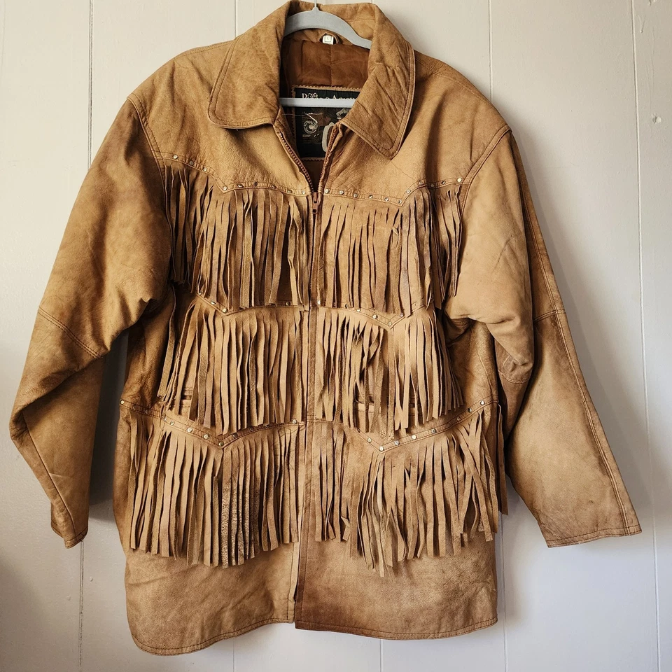 Chaqueta Vintage Años 90 Gamuza Cuero Flecos Marrón Camel Western Boho Grunge L Foto 1 de 4