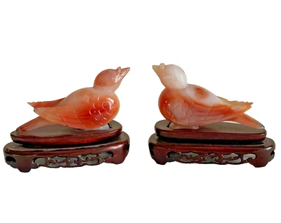 Vintage Chinese Carved Agate Quartz Pair of Birds Sculpture on Wood Base - Image 1 of 4