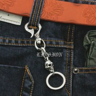 Skull Hook Belt Clip 925 Sterling Silver KeyRing Biker Punk Keychain 9T011A BZ - Image 1 of 4