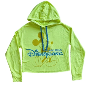DISNEYLAND Hong Kong Mickey Mouse Fluro Green Cropped Hoodie Jumper Size Small - Picture 1 of 9