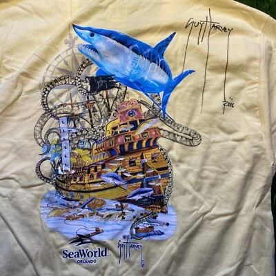 Guy Harvey Aftco Bluewater Graphic T Shirt Mens L Yellow Ship Shark Autographed - Image 1 of 4