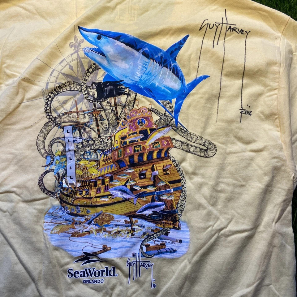Guy Harvey Aftco Bluewater Graphic T Shirt Mens L Yellow Ship Shark Autographed - Image 1 of 4