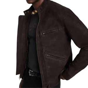 John Varvatos Collection Men's Ezra Racer Jacket Zip Up Burnished Suede Brown 54 - Picture 1 of 6