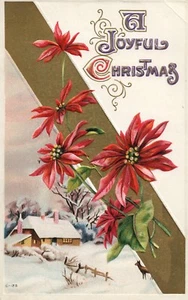 Winter House Deer In Yard Gold Band Christmas Poinsettia Postcard - Picture 1 of 2