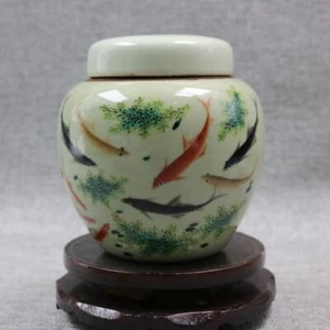 Chinesische Famille Rose Porzellan Kanne Qing Tongzhi Koi Karpfen Fisch Tee Dose 3,94" - Bild 1 von 4