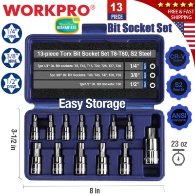WORKPRO 13PC 1/4" 3/8" 1/2" Drive Torx Bit Socket Set T8-T60 Star Bit Socket Set - Image 1 of 4