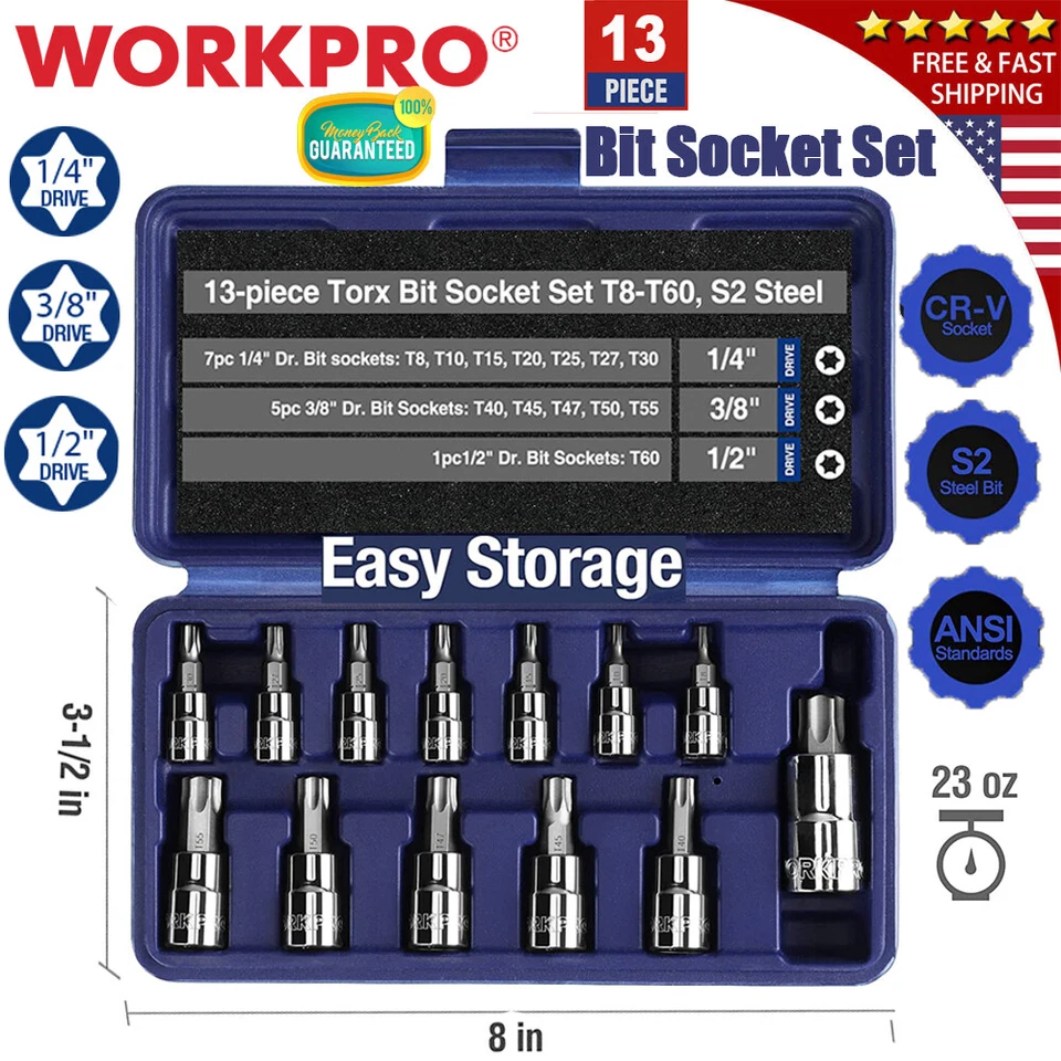 WORKPRO 13PC 1/4" 3/8" 1/2" Drive Torx Bit Socket Set T8-T60 Star Bit Socket Set - Image 1 of 4