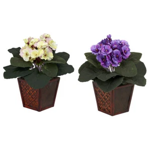 ARTIFICIAL SILK AFRICAN VIOLET CREAM & PURPLE ARRANGEMENT w/ POT - (SET of 2) - Picture 1 of 3