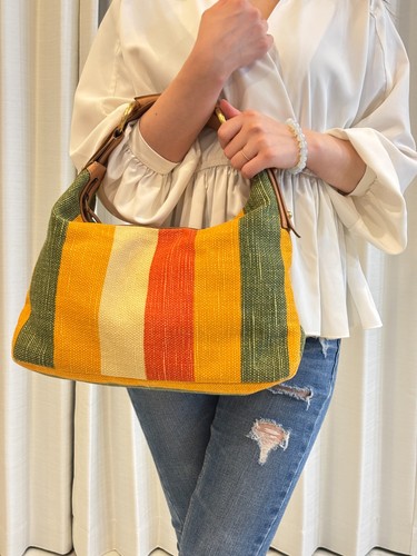 GUCCI Borsa a mano in tela Horsebit estiva a righe con bordo in pelle Made in Italy