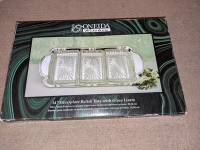 VTG 1987 Oneida Chippendale Silverplated Relish Dish with Glass Liners 14’’ NOS - Image 1 of 4