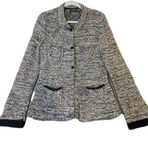 Falconeri Navy Ecru Womens Knit Jacket Size M Linen Cotton Blend Made In Italy - Picture 1 of 10