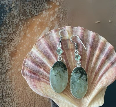 Prehnite & Peridot Crystal Gemstone  Handcrafted Earrings- 925 Silver Plated-New - Image 1 of 3