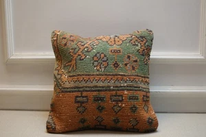 Vintage Turkish Kilim Pillow Cover – Handmade Green Orange Rug Cushion 16x16 - Picture 1 of 6