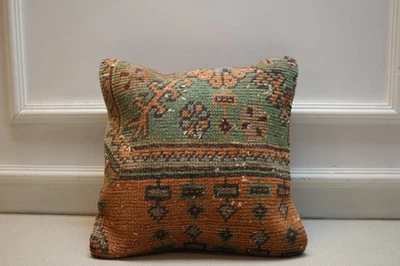 Vintage Turkish Kilim Pillow Cover – Handmade Green Orange Rug Cushion 16x16 - Image 1 of 4