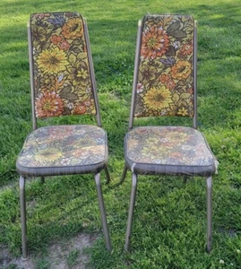 Vintage Pair Douglas Vinyl Metal Legs Floral Highback Chairs Funky & Nostalgic - Picture 1 of 20
