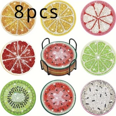 8 peças kits de porta-copos de pintura artesanato diamante faça você mesmo frutas com suporte fofo - Imagem 1 de 4