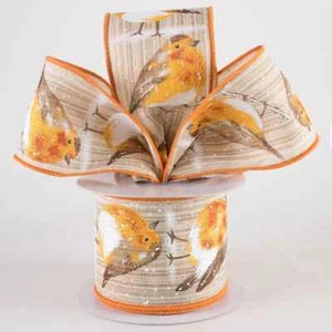 Chubby Snow Bird 2.5" by 5 yards Rust Yellow Brown Wired Ribbon Winter Country - Picture 1 of 3