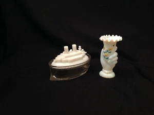 EAPG Victorian White Glass Two (2) Objects, The Olympia Mustard and Freedom Hand - Picture 1 of 11