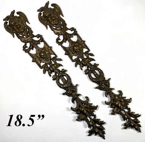 Antique French Pair Figural Neoclassical Cast Bronze 18.5" Door, Furniture Accnt Cover