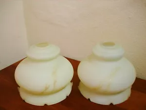 PAIR OF VNTAGE CREAM OAT VEINED  GLASS CEILING SHADES RUFFLED EDGES - Picture 1 of 5