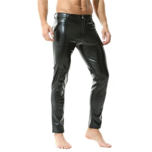 Men's Faux PU Leather Skinny Trousers Slim Fit Straight Party Stage Biker Pants - Picture 1 of 7