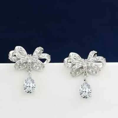 2.20Ct Lab Created Diamond Pear Bow Drop/Dangle Earrings 14K White Gold Plated - Image 1 of 4