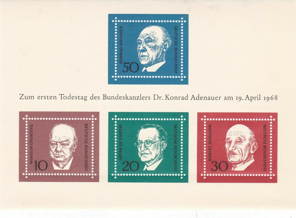 MINT 1968 WEST GERMANY ADENAUER COMMEMORATING MINI SHEET - CHURCHILL / SCHUMAN - Image 1 of 1