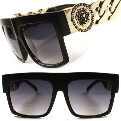 Rich Rapper Hip Hop Stylish Gold Link Chain Matte Black Frame Square Sunglasses - Image 1 of 4