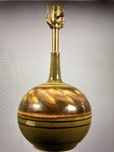 Mid Century Modern Glazed Green And Yellow Brass Lamp - Picture 1 of 6