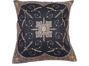 Decorative Black Beaded Zardozi Pillow Cover Floor Lounge Large Euro Cushion 26" - Picture 1 of 3