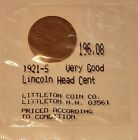 1921-S Lincoln Wheat Cent  Very Good In Littleton Plastic