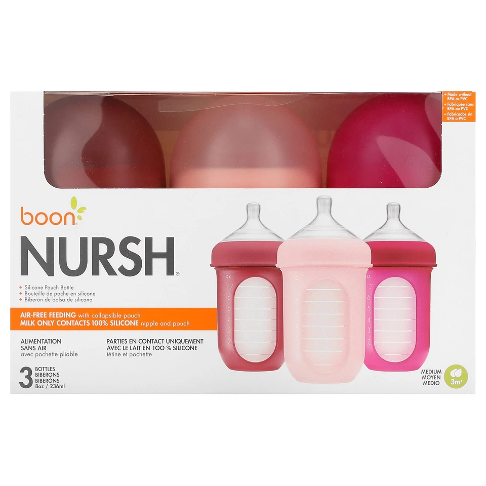 Boon Nursh Reusable Silicone Pouch Bottle Air- Feeding 8 Ounce With 2 of