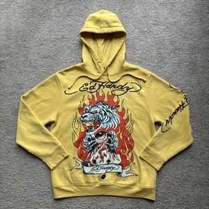 Ed Hardy Fire Tiger Hoodie Men’s M Yellow Tattoo Y2K Pullover Rare Streetwear - Picture 1 of 13