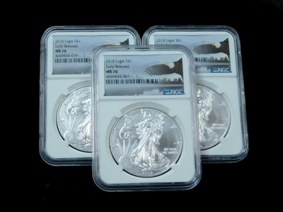 Lote de 3x American Silver Eagles 2018 $1 - NGC MS70 lanzamientos tempranos Foto 1 de 4