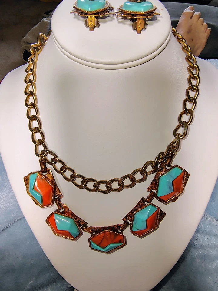 Vtg Tribal Boho Geometric Resin Turquoise Coral Look Statement Necklace Earrings - Image 1 of 4