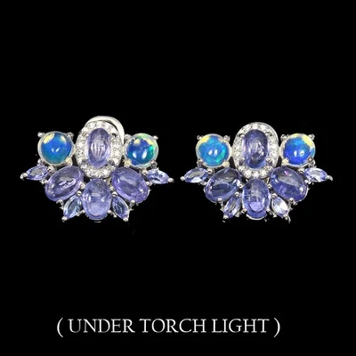 Pendientes de plata de ley 925 ovalados tanzanita 6x4 mm ópalo de fuego piedras preciosas joyería Foto 1 de 4